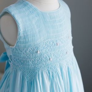 Strasburg Dress Smocked Sleeveless RARE Aqua Blue Pink Accents Spring Summer